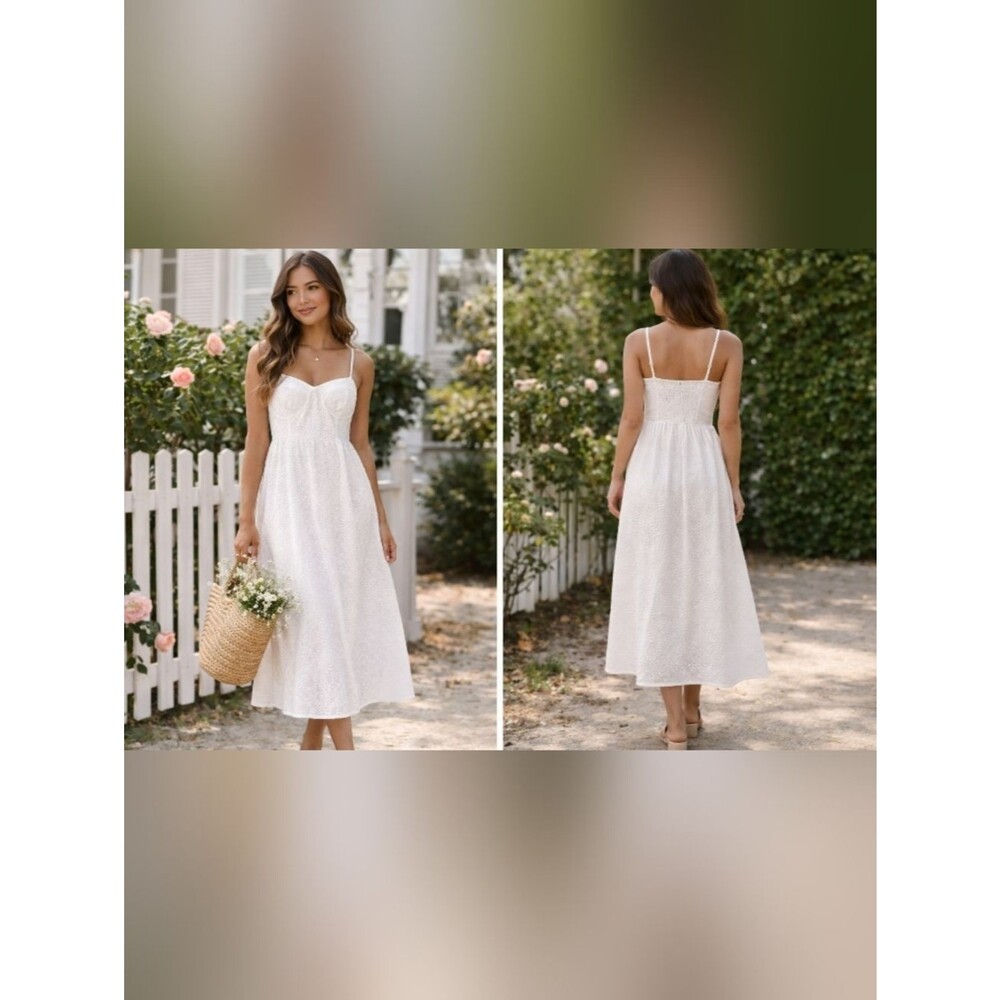 lily rose white cotton eyelet midi dress size l smocked back strappy cottagecore